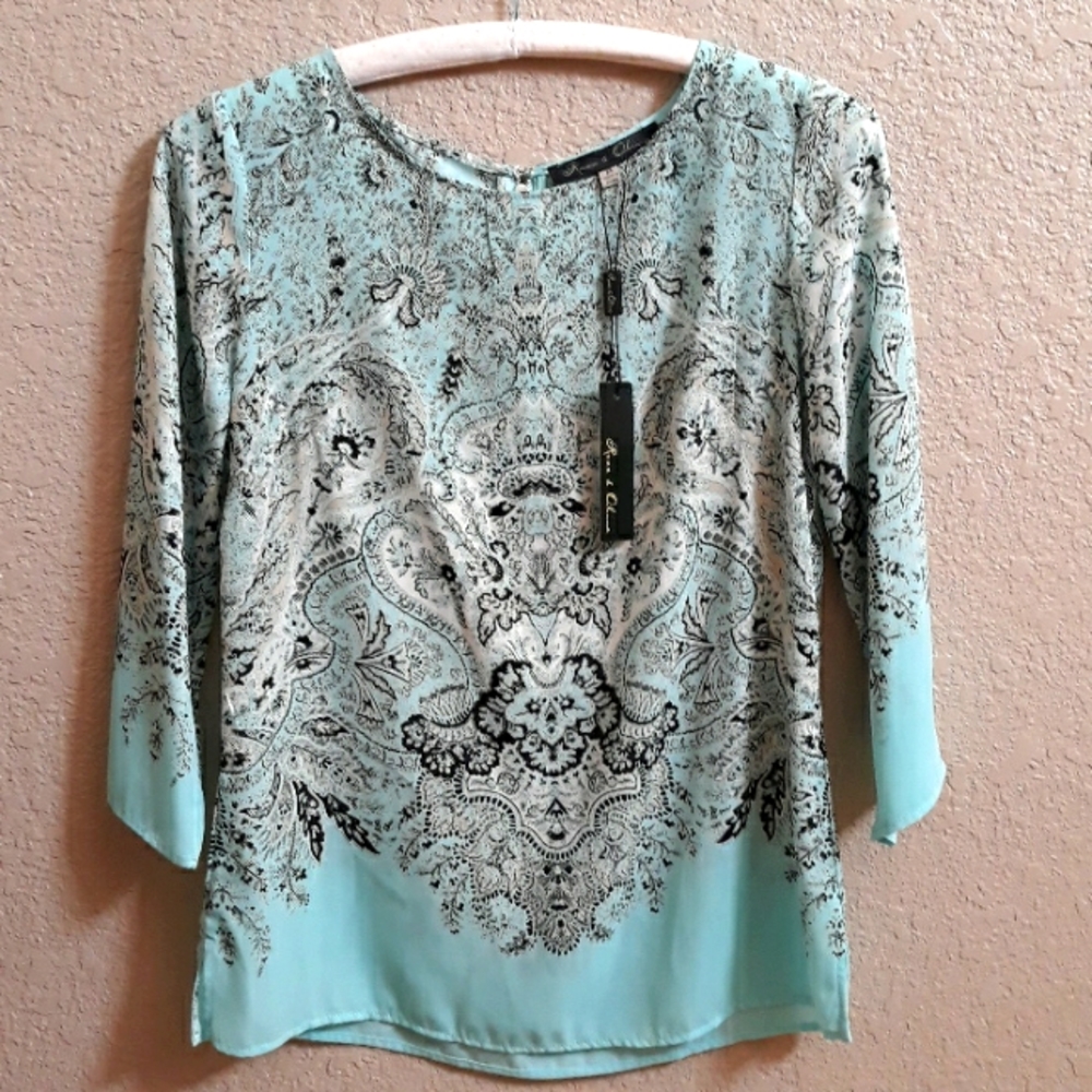 Rose & Olive Paisley Top Aqua, Black & White